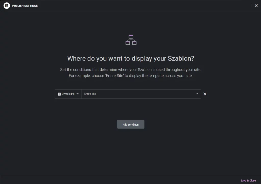 Okno warunków wyświetlania w tym wypadku, globalnie, tj. na całej stronie