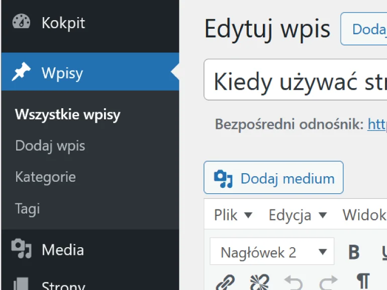 Możesz zarządzać kategoriami i tagami wpisów w kokpicie WordPressa
